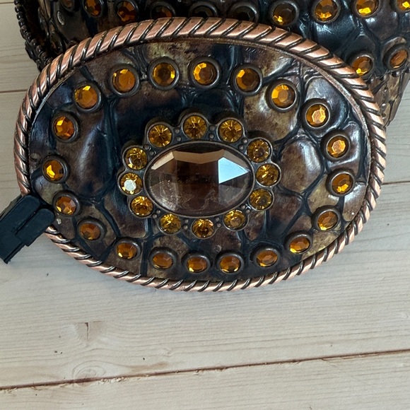 Nocona Embellished Brown Leather Belt w/Bling & Brass Buckle Accents. Size S main image 5